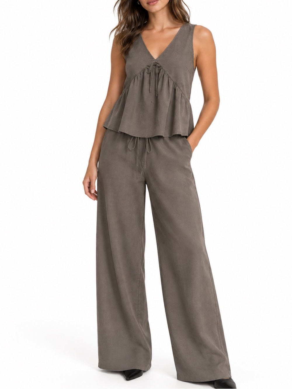 Brown Outfit Set Wide Leg Pull On Pants Babydoll Flowy Top Effortless Capsule XL